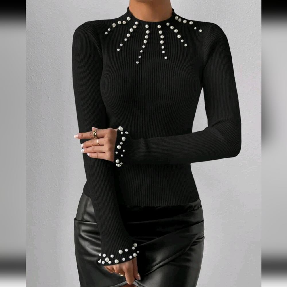 Pearls Beaded Mock Neck Bodycon Sweater - Picture 2 of 5